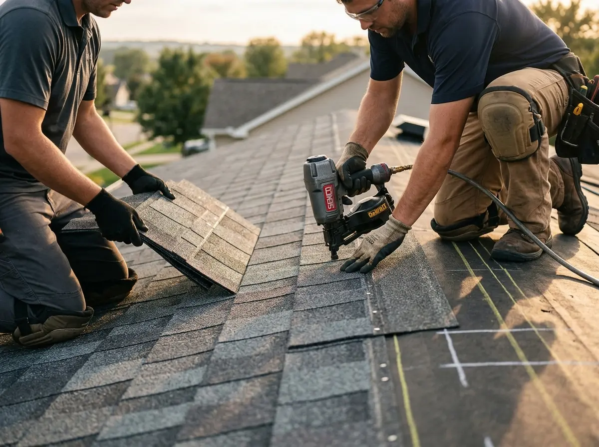 Professional roofer working on a residential roof in Pontoon Beach